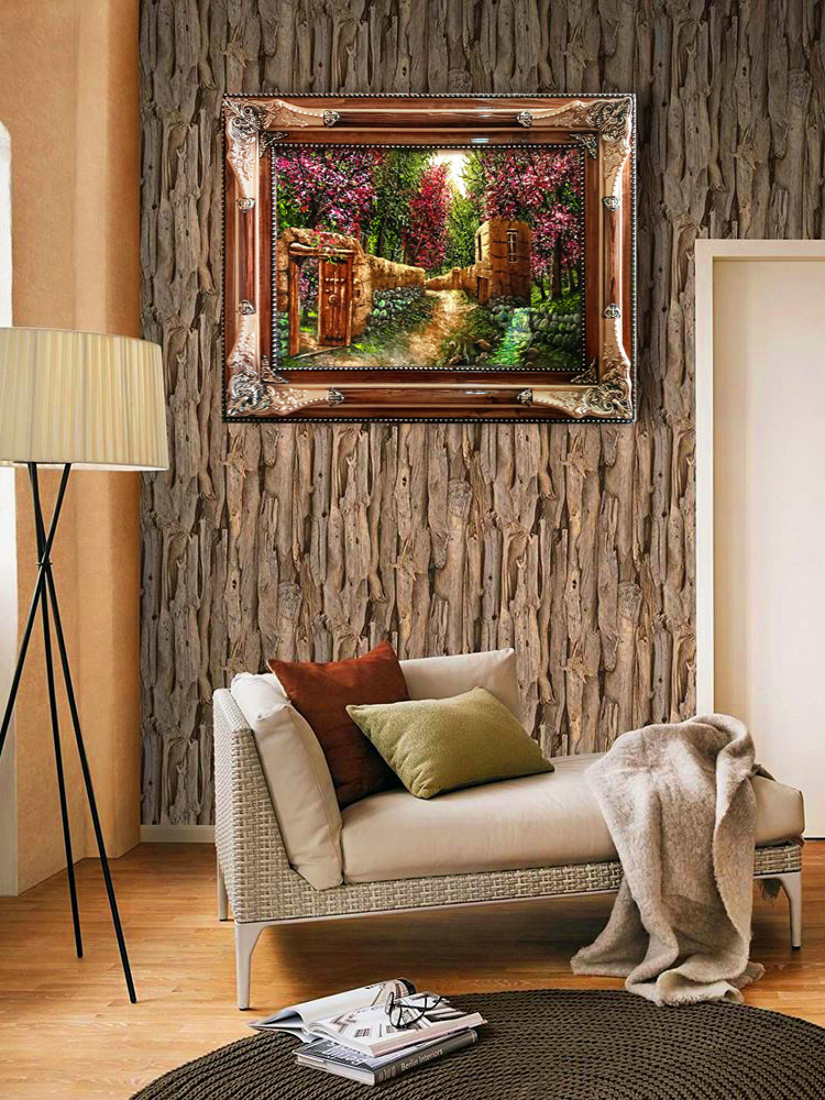 قاب تابلوفرش چوبی 3310 - تصویر نمای کلی قاب همراه با تابلوفرش نصب شده و اتاق با دیوار نمای چوب