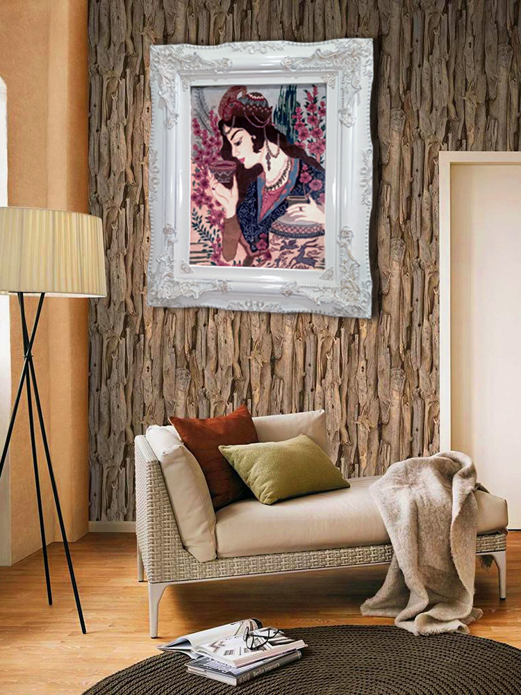 قاب تابلوفرش چوبی 3610 - تصویر گالری از نمای کلی قاب همراه با تابلوفرش در یک اتاق خواب قاب تابلوفرش چوبی 3610 با رنگ سفید- تصویر گالری از نمای کلی قاب همراه با تابلوفرش در یک اتاق خواب