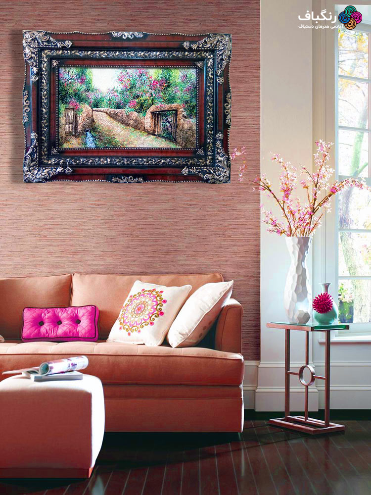 قاب تابلوفرش چوبی 3710 - تصویر گالری از نمای کلی قاب همراه با تابلوفرش در یک اتاق پذیرایی قاب تابلوفرش چوبی 3710 - تصویر گالری از نمای کلی قاب همراه با تابلوفرش در یک اتاق پذیرایی