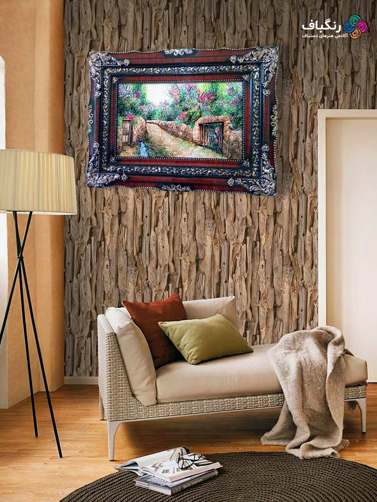 قاب تابلوفرش چوبی 3710 - تصویر گالری از نمای کلی قاب همراه با تابلوفرش در یک اتاق خواب قاب تابلوفرش چوبی 3710 - تصویر گالری از نمای کلی قاب همراه با تابلوفرش در یک اتاق خواب