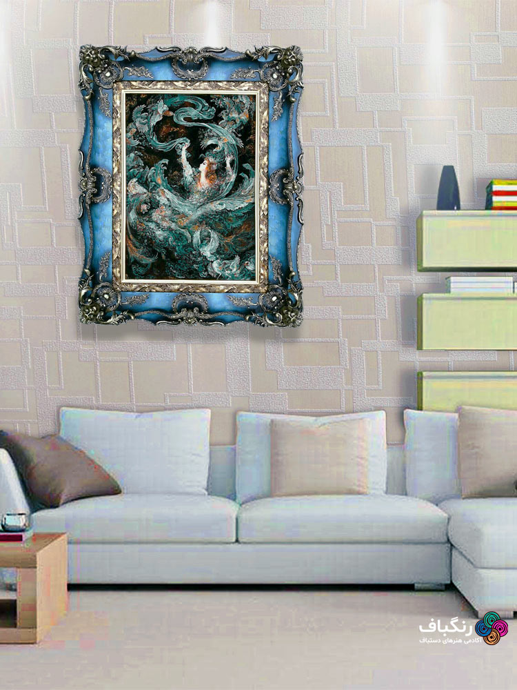 قاب تابلوفرش چوبی 4110 - تصویر گالری از نمای کلی قاب همراه با تابلوفرش در اتاق مطالعه قاب تابلوفرش چوبی 4110 - تصویر گالری از نمای کلی قاب همراه با تابلوفرش در اتاق مطالعه