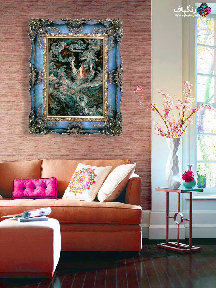 قاب تابلوفرش چوبی 4110 - تصویر گالری از نمای کلی قاب همراه با تابلوفرش در اتاق پذیرایی قاب تابلوفرش چوبی 4110 - تصویر گالری از نمای کلی قاب همراه با تابلوفرش در اتاق پذیرایی
