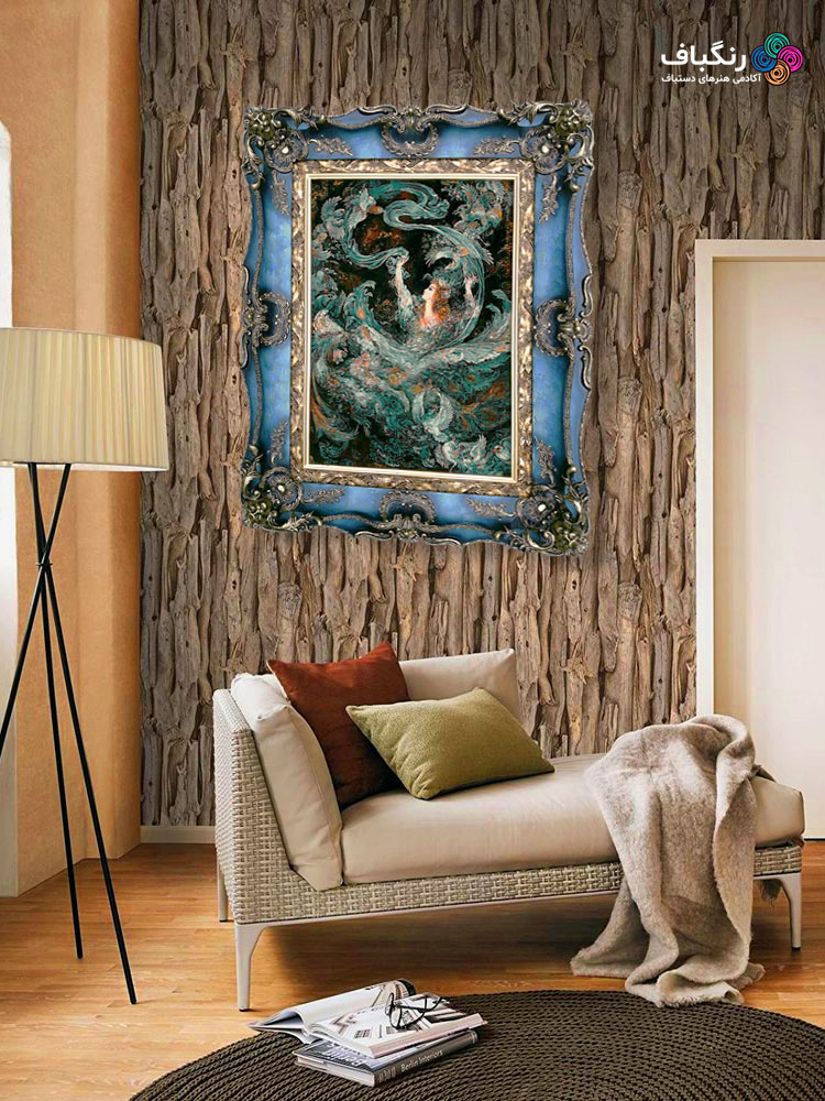 قاب تابلوفرش چوبی 4110 - تصویر گالری از نمای کلی قاب همراه با تابلوفرش در اتاق خواب قاب تابلوفرش چوبی 4110 - تصویر گالری از نمای کلی قاب همراه با تابلوفرش در اتاق خواب