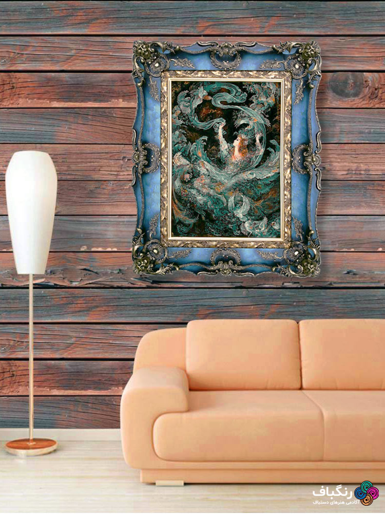 قاب تابلوفرش چوبی 4110 - تصویر گالری از نمای کلی قاب همراه با تابلوفرش در اتاق با دیواری چوبی قاب تابلوفرش چوبی 4110 - تصویر گالری از نمای کلی قاب همراه با تابلوفرش در اتاق با دیواری چوبی